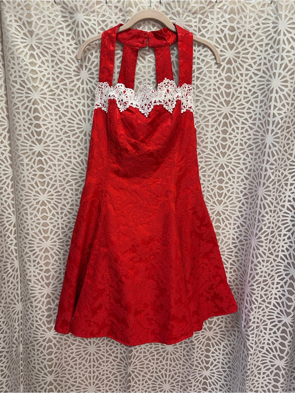 Vintage Jessica McClintock Gunne Sax Jacquard Red Lace Trim Prom Dress